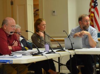 Rockport Select Board member Jeff Hamilton, Camden Select Board member Alison McKellar and Rockport Select Board member Ken McKinley. (Photo by Lynda Clancy)