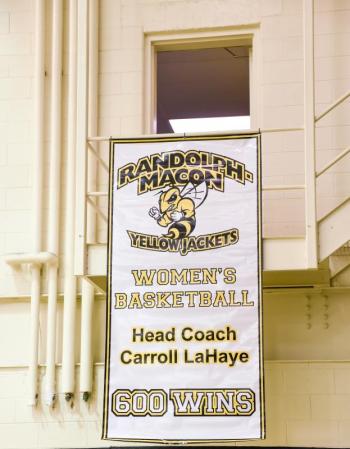 The banner commemorating Carroll LaHaye’s 600th NCAA career victory as a coach. (Courtesy Randolph-Macon College)