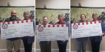 Left frame: Billy Smith accepts the donation on behalf of LEO Only from Maine Lobster Festival Director Sharon Lombardo. Middle frame: Sue DiRosario accepts the donation on behalf of Meals on Wheels. Right frame: Ashley Griffin accepts the donation on behalf of Thomaston Grammar School's Supply Closet. (Photo courtesy Maine Lobster Festival)