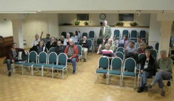 Members of the Rockport business community gathered at a special meeting Oct. 30 at the Rockport Opera House to share thoughts about if the town is a business friendly community. Select Board member Mark Kelley left the podium to help field questions from the audience. (Photo courtesy of the Town of Rockport’s livestream)