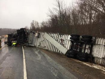 A tractor trailer turned on its side on Route 17 in Rockport Nov. 27. (Photo courtesy Camden Police Dept.)