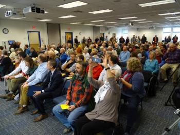 The meeting room at the Hutchinson Center in Belfast filled Nov. 28 with many Islesboro residents, politicians, and several residents of other islands, all in support of Islesboro, or more thoughtful consideration of ferry tariffs. (photo by Erica Thoms)