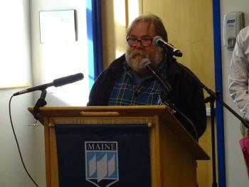 Neal Harkness, who represents Belfast’s second ward in the city council, read a letter the City of Belfast wrote to the Maine DOT in support of Islesboro. Harkness talked about the special bond shared between Belfast and Islesboro and the impacts the rate hike would have on both. (photo by Erica Thoms)
