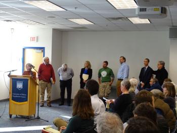 The queue behind Waldo County District 1 Commissioner Betty Johnson. (photo by Erica Thoms)