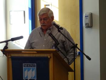 Selectman and captain of Emergency Medical Services on Islesboro Phil Seymour takes his turn at the podium. (photo by Erica Thoms)