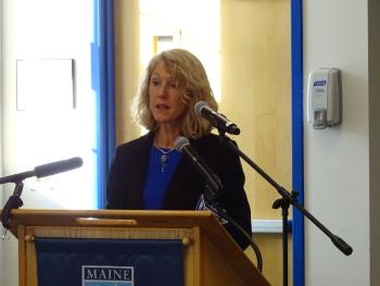 Maine House of Representatives candidate elect Vicki Doudera speaks at the DOT hearing. (photo by Erica Thoms)
