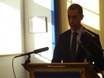 Lincolnville selectman Josh Gerritsen speaks to the crowd. (photo by Erica Thoms)