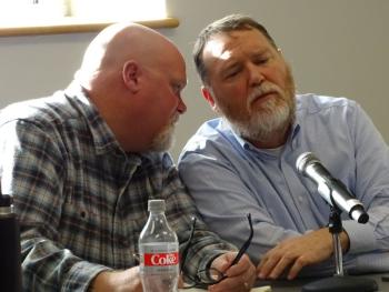 Mark Higgins, of the Maine State Ferry Service, and Jim Billings, chief counsel for the DOT’s Office of Legal Affairs. (Photo by Erica Thoms)