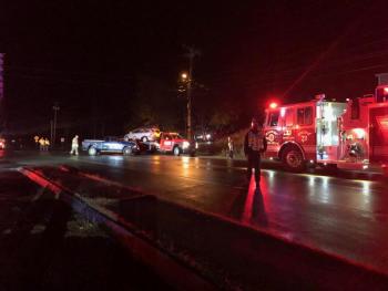 Rockport firefighters respond to the crash at the corner of Main Street and Route 1 in Rockport Nov. 1. (Photo by Lynda Clancy)