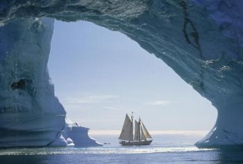 The Bowdoin in Disko Bay, Greenland, 1991. (Photo courtesy Tom Stewart/Maine Maritime Academy)