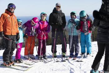 Glen Plake with student skiers at the Camden Snow Bowl. (Photo courtesy Camden Snow Bowl/by John Steele)