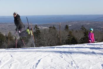 Glen Plake, at the top of Ragged Mountain, overlooking Penobscot Bay. (Photo courtesy Camden Snow Bowl/by John Steele)