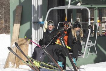 Glen Plake, Andre LeBlond and Kimberly Plake, on the triple chair at the Camden Snow Bowl. (Photo courtesy Camden Snow Bowl/by John Steele)