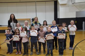 Front Row: Brycen Carr, Skyler Rhodes, Piper McMahan, Gavin Burns, Preston Fish, Lincoln Allen, Keenan Rice. Back Row: Sophia Chen, Principal Ainslee Riley, Ava Chamberlin, Mary Johnson, Sarah Johnson, Aly Colby, Eli Haynes, Jackson Boyer, Addison Lincoln. (Photo courtesy of Thomaston Grammar School)