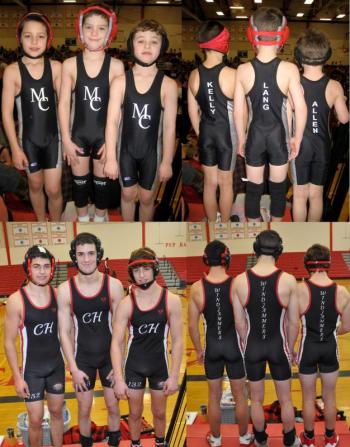 In top photos, Camden Hills wrestlers (from left) Drew Kelly, Noah Lang and Dawson Allen in first grade. In bottom photos, Camden Hills wrestlers (from left) Drew Kelly, Noah Lang and Dawson Allen this season. (Courtesy Glenn Lang)