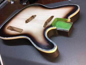 A Northwoods guitar is ready for a clear coating and nears the end of the guitar making process. (Courtesy Thad Chilton)