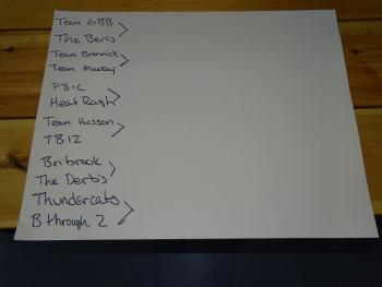 A list of the teams that competed in the cornhole tournament. (photo by Erica Thoms)