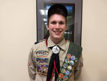Troop 200 in Camden Eagle Jon Heath. Jon’s project was to develop and construct multiple signs for a new multi-us trail being built at his high school. These signs include a large trail entrance sign and multiple directional arrow signs along the trail plus other smaller signs at other entrances to the trail. (Photo courtesy Troop 200)