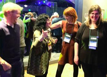 Celebrating at the ABA Conference (l to r) Nic Bottomley from the UK https://mrbsemporium.com/, Christine Onorati of WORD bookstores in Brooklyn and Jersey City, and Janet Geddis of Avid bookshops in Athens, GA, Lacy Simons, owner hello hello bookstore in Rockland. (Photo courtesy Lacy Simons)