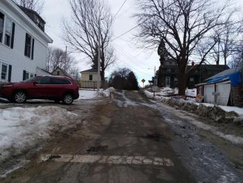 The part of Philbrick Avenue that drivers see. Baptist Church is on left. (Photo by Sarah Thompson)