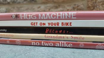 Example of book spine poetry. (Photo courtesy Rockland Public Library)