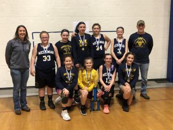 The Medomak championship team. Back row, from left, are coach Andrea Williamson, Erica Waite, Skylar Hills, Audrey Jackson, Lilly Christ, Roisin Hopkins and coach Richard Williamson. Front row, from left, are Paige Jarvis, Emily Richards, Kytana Williamson and Sadie Knight. (Courtesy Andrea Williamson)