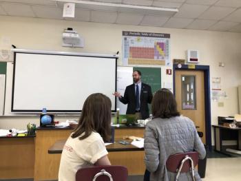 Rep. Pluecker in AP Environmental Science classroom. (Photo courtesy Camden Hills Regional High School)