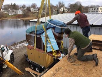 With the help of a cherry picker the Steinway piano came out of the first floor and traveled to the second. (Courtesy Kris Davidson)