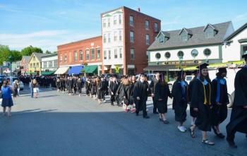 Route 1 through downtown Camden is shut to traffic for 15 minutes as the Camden Hills Regional High School Class of 2019 marches through the streets to Baccalaureate, at the Congregational Church. It is a long-standing tradition for the five towns — Appleton, Camden, Hope, Lincolnville and Rockport — that send their high schools students to the Rockport school. (Photos by Lynda Clancy)