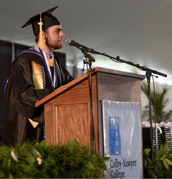 Will Hyland giving his commencement address as senior class president at Colby-Sawyer College. (Courtesy Will Hyland)