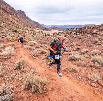 Kaylo Littlejohn during the Moab 240 mile endurance run. (Photo by Scott Rokis and Howie Stern)