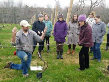 Students from last year’s class discuss the importance of farming as a heritage industry in the Midcoast. L-R: Wyatt Philbrook, Property and Vineyard Manager, Cellardoor Vineyards and a former graduate of MLA; Molly Mulhern, Theresa Merithew, Cathy Roberts, Hanna Barrows, Brenda Harrington, Connie Gardiner, and Karen Smith. (Photo courtesy Midcoast Leadership Academy)
