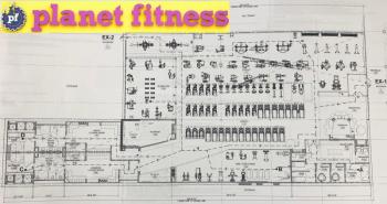 A layout of the Rockland Planet Fitness location, as filed with the City of Rockland, showing the equipment the facility will offer. The planet fitness signage from the Rockland location appears in the upper left corner.