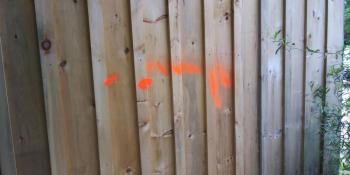 Waterfall Arts had multiple items spray-painted orange, from a rock bench to picnic tables, even several flowers were painted orange. (photo by Erica Thoms)