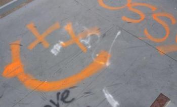 Overlock Memorial Skatepark was another area targeted, with close to a dozen different marks made, some including adult language or images. (photo by Erica Thoms)
