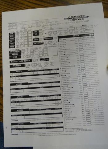 A D&D character record sheet is used to keep track of characters’ attributes. (photo by Erica Thoms)
