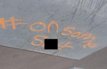 Overlock Memorial Skatepark was another area targeted, with close to a dozen different marks made, some including adult language or images. (photo by Erica Thoms)