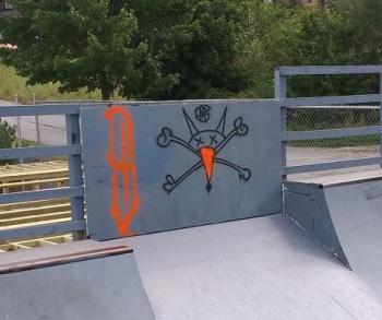 Overlock Memorial Skatepark was another area targeted, with close to a dozen different marks made, some including adult language or images. (photo by Erica Thoms)