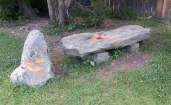 Waterfall Arts had multiple items spray-painted orange, from a rock bench to picnic tables, even several flowers were painted orange. (photo by Erica Thoms)