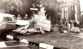 The Camden Soldier’s Monument, after getting hit by a car, on June 9, 1968, when a teenager crashed his car into it. The statue fell from its base in many broken pieces, so the Soldier asked the town to put him back together and move him out of the danger zone. (Photo courtesy Barbara F. Dyer)