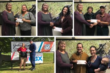 Top L-R: Nancy Jeffers presents a check to Chrys deLorimier of Pope Memorial. Nancy Jeffers presents a check to Laura Seaton of Window Dressers. Nancy Jeffers presents a check to Reverend Lael Sorensen and Ron Staschak of Loaves & Fishes Soup Kitchen. Bottom L-R: Nancy Jeffers presents a check to BM1 Daniel Hart of USCG Station Rockland. Nancy Jeffers presents a check to Joseph Hufnagel and Becca Gildred of the Landing Place. (Photo courtesy Maine Lobster Festival)