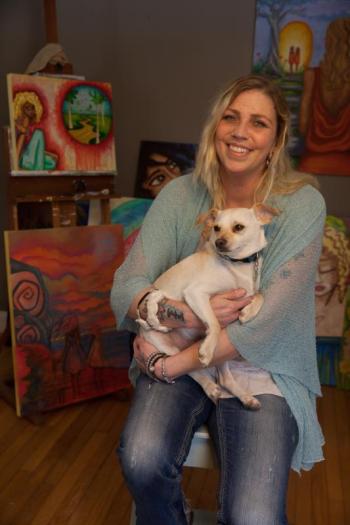 "Freedom" by Maegan Graslie. Maegan, and her painting (see below), are part of the Finding Our Voices: Breaking the Silence of Domestic Abuse exhibit at the Holocaust and Human Rights Center through December 13. Maegan, studying to be an art therapist at the University of Maine, said: "I can finally be myself. I haven't been myself for 11 years of my life." (Photo courtesy Patrisha McLean)