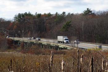 Mid-morning traffic crosses the Station 46 bridge as seen from the former dike road. PHIL DI VECE/Wiscasset Newspaper