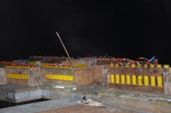 Missiles and fireworks were lined up on the float in the harbor, waiting for lift off. (Photo by Lynda Clancy)