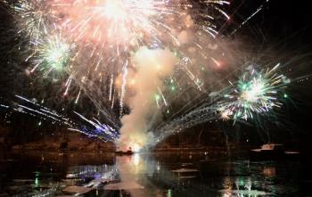 Fireworks over Rockport Harbor Dec. 21 heralded in the solstice and the holidays, as Donnie Heald, Nick Wade and Sam Berry thrill those gathered in Marine Park with a spectacular fireworks show. (Photo by Lynda Clancy)