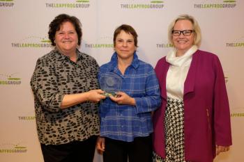 Accepting the Leapfrog Award for Waldo County General Hospital during a ceremony in Washington, D.C., are Judy Curry, RDMS, CPHQ, of the Integrated Quality Department, left, and Rachel Brewster, RN, a charge nurse in the Medical Surgical Unit, center. Leah Binder, right, president and CEO of The Leapfrog Group, presented the award. (Photo courtesy Waldo County General Hospital)