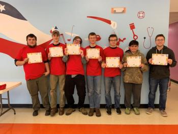 Morning students (left to right): William Turner - Automotive Technology; Abraham Richard - Welding Technology; Rayden Grymes - Graphic Design; Cooper Grierson - Electrical Trades; Zachary Ward - CNA; Anthony Frost - Composites/ESP; Michael Johnson - Culinary Arts. (Photo courtesy Waldo County Technical Center)