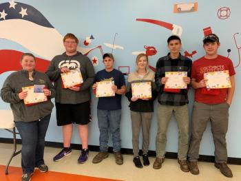 Afternoon students (left to right): Madyson Brown - EMS; Drake Westover - Computer Careers; Justin Norwood - STRIVE; Ilana Currier - Graphic Design; Theodore Dodge, Electrical Trades; Dalton Rossignol - Welding Technology. (Photo courtesy Waldo County Technical Center)