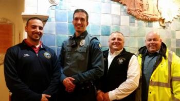Rockport police were present to celebrate the pinning of Officer Poole. From left, Officer Tony Del Vecchio, Poole, Camden/Rockport Police Chief Randy Gagne, and Sgt. Jim Moore. (Photo by Sarah Shepherd)