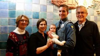 Rockport Officer Jonathan Poole with his parents, Jean and Robert Poole, wife Ashley and daughter Gwendolyn. (Photo by Sarah Shepherd)